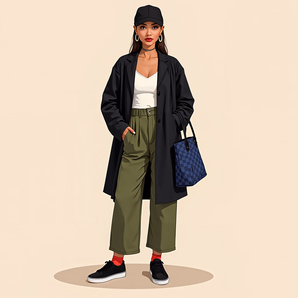 Bold fashion illustration featuring a stylish urban look with a black trench coat and olive green trousers.