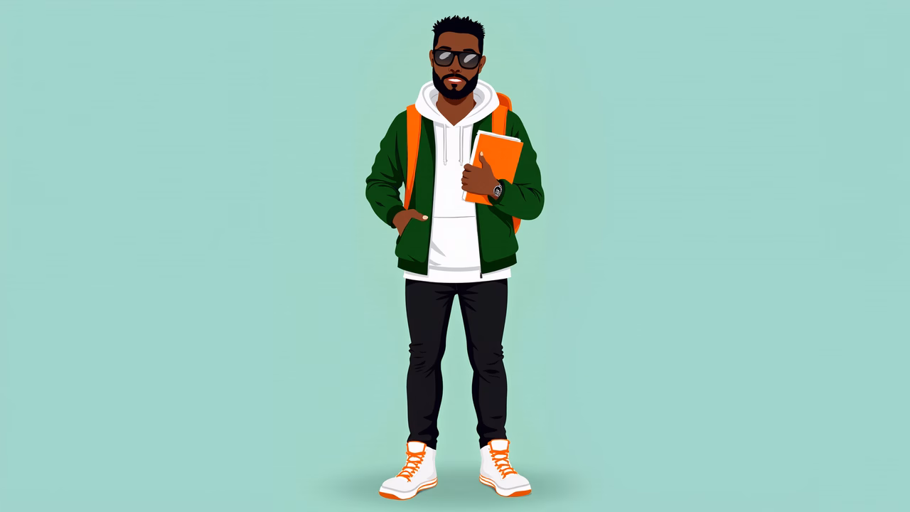Confident urban cool guy in trendy attire against a light teal backdrop.
