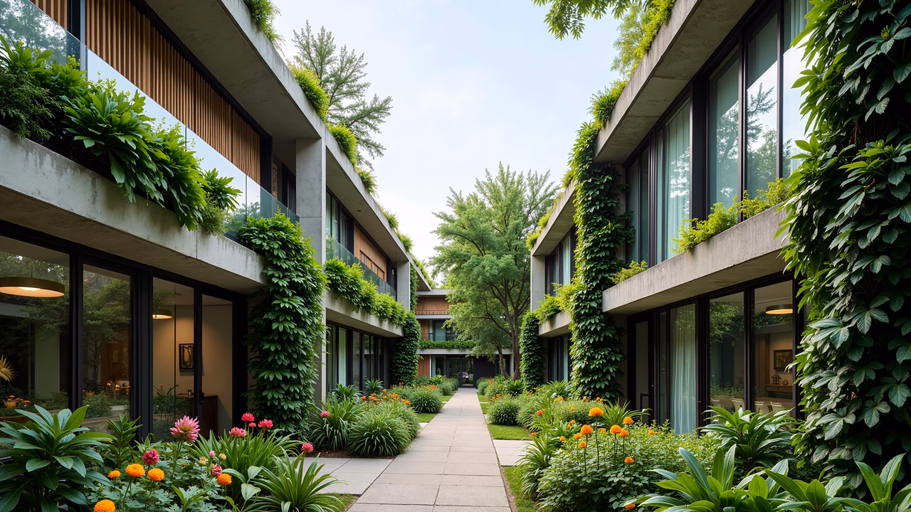 Modern architecture intertwined with lush greenery in a tranquil urban setting.