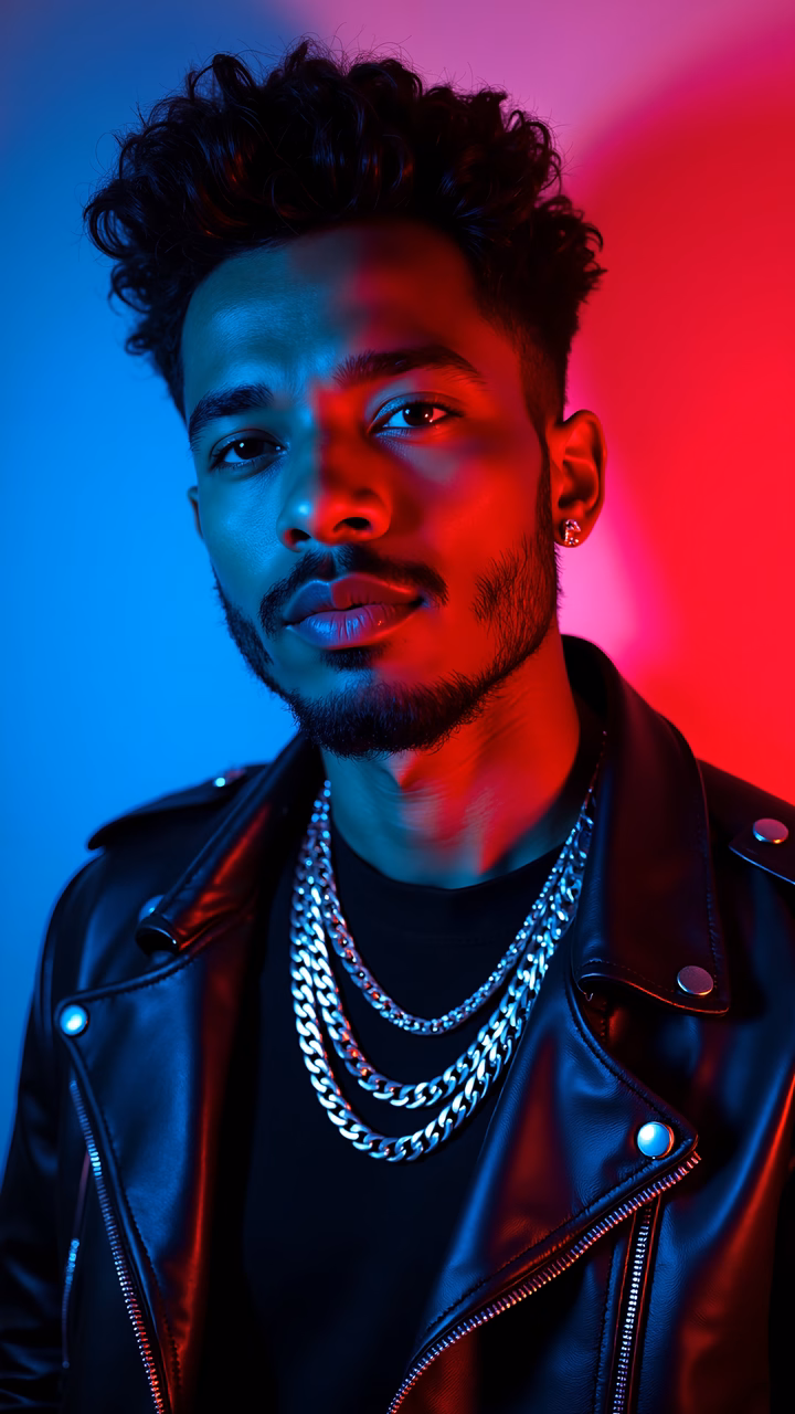 Bold neon lights and a stylish leather jacket create a captivating urban portrait.