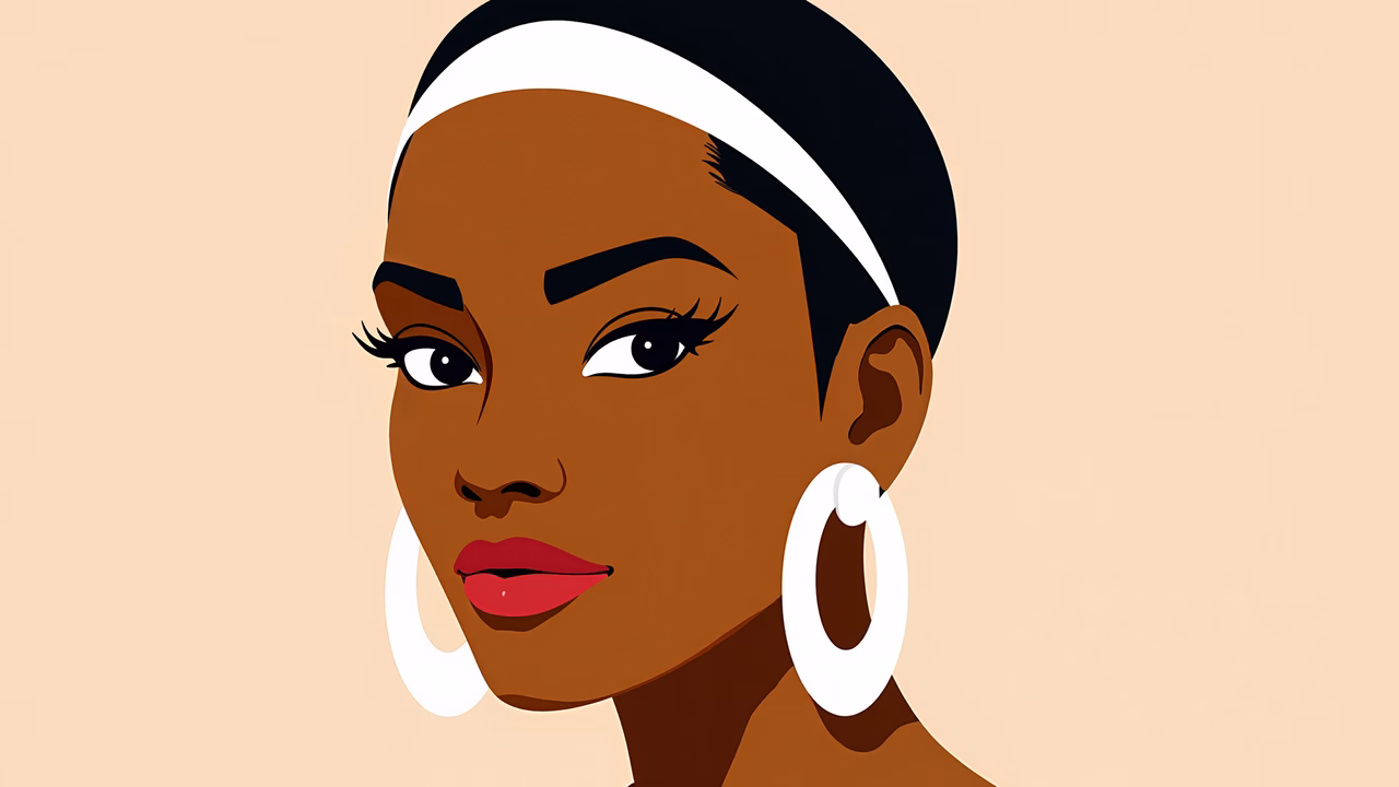 Minimalistic vector portrait of a woman with bold makeup and large earrings, showcasing modern fashion art.