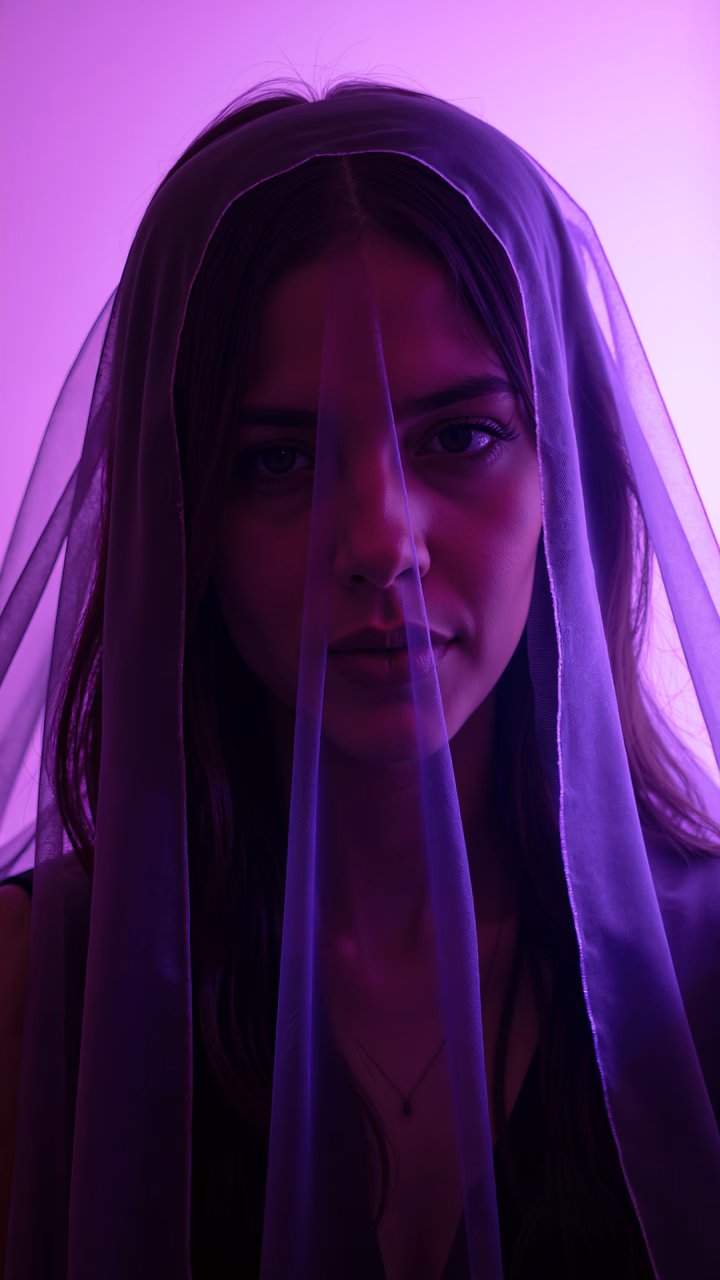 Close-up portrait of a veiled figure in vibrant purple tones, evoking mystery and allure.
