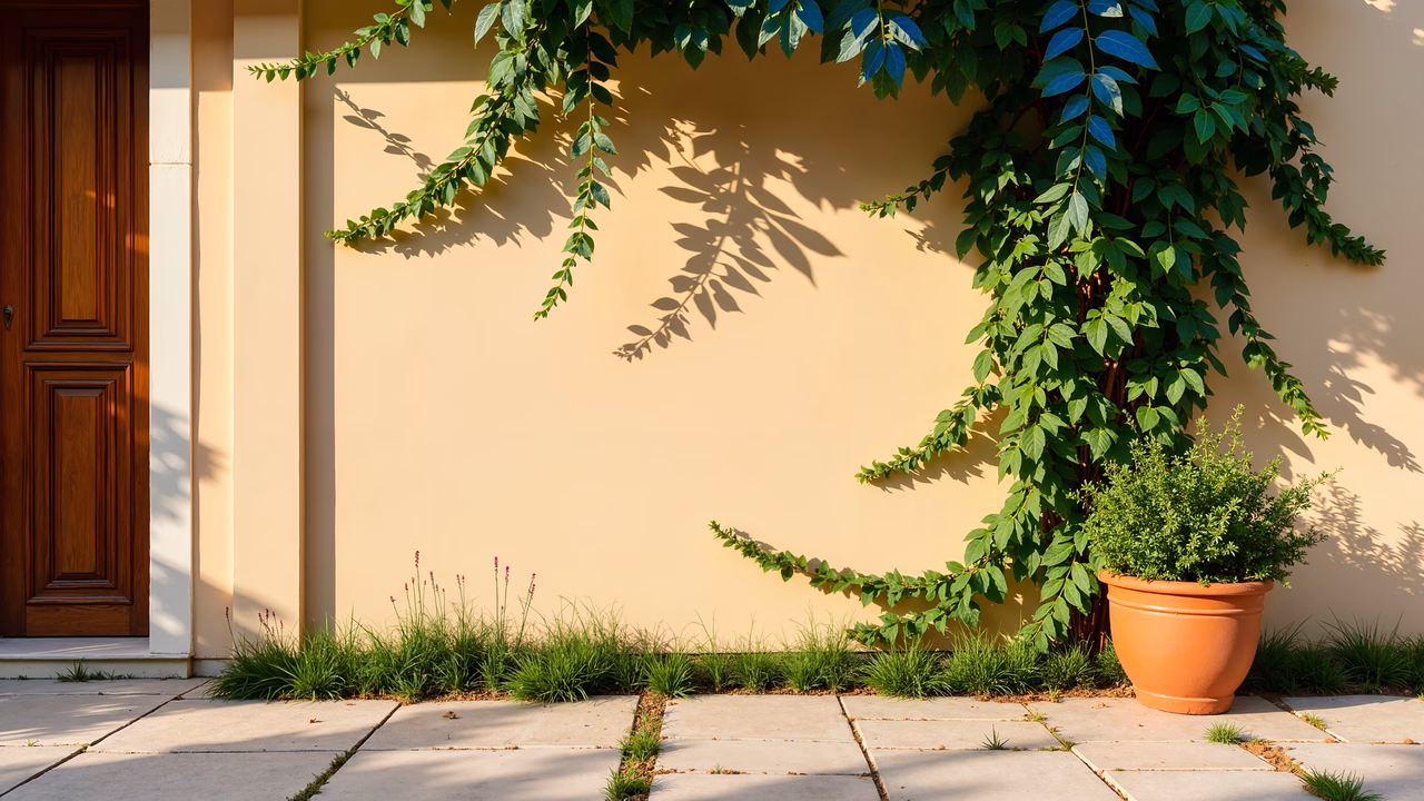Beige wall with climbing vines and a terracotta pot in a peaceful outdoor setting.