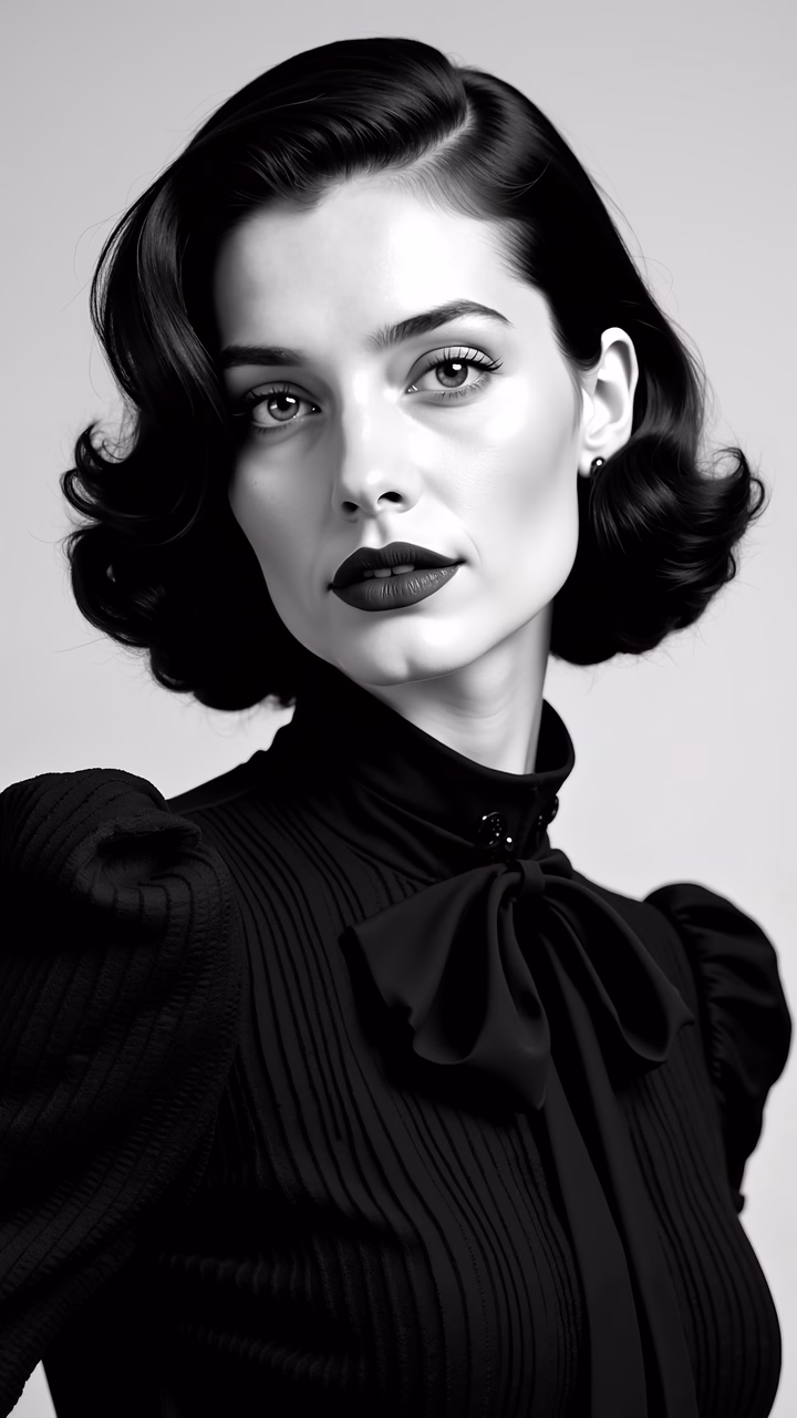 Elegant black-and-white portrait of vintage glamour.