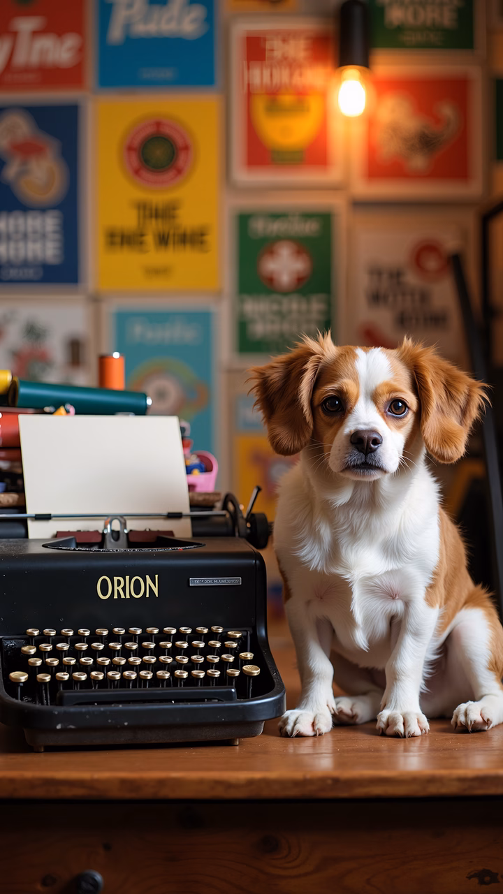 Vintage typewriter, curious dog, retro posters, warm lighting, cozy atmosphere
