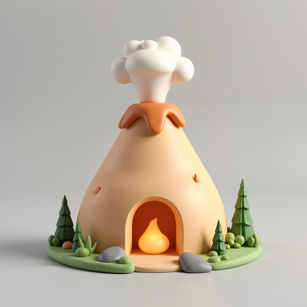 A cozy volcano hut with a crackling fire, surrounded by greenery and a chef's hat, creating a magical and inviting scene.