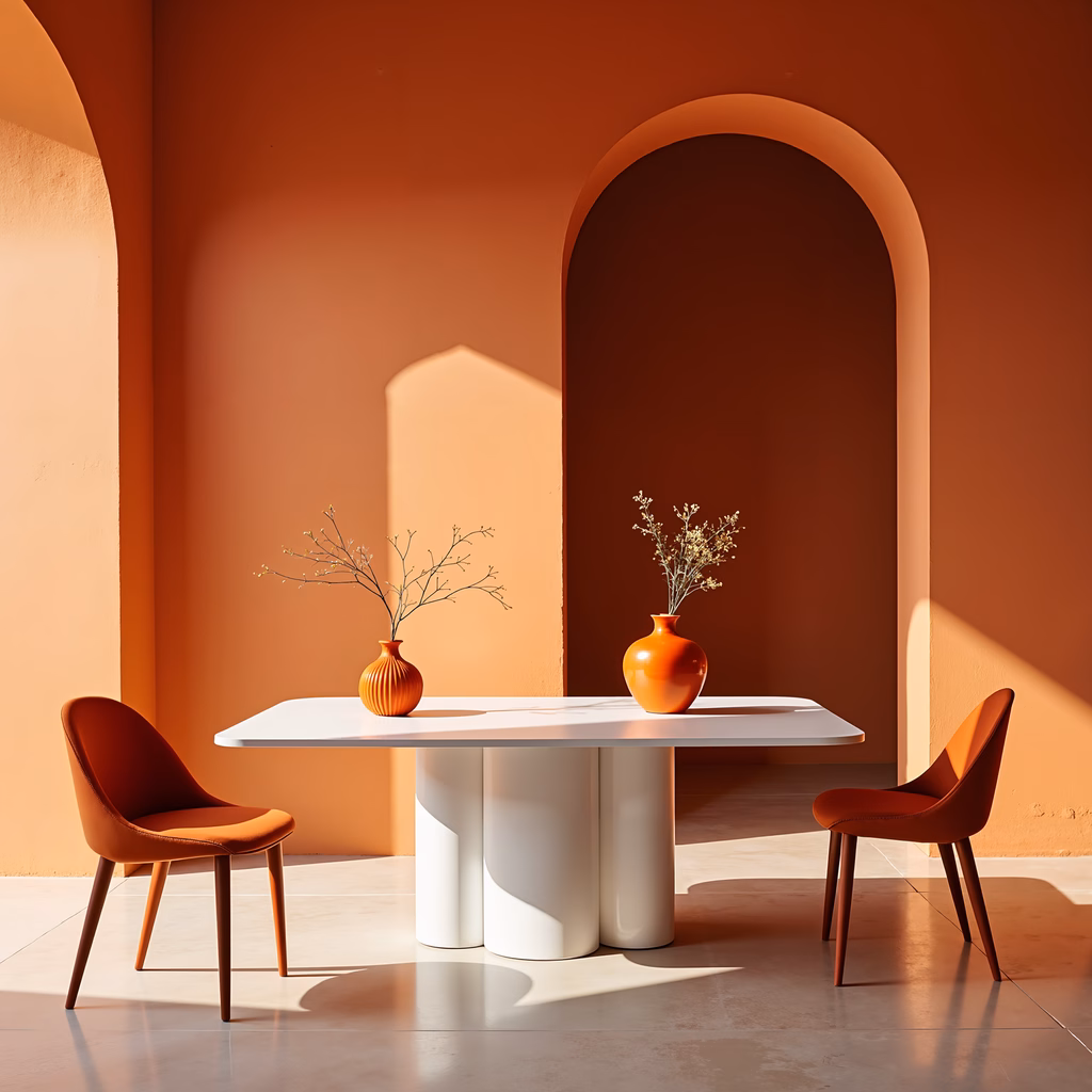 Minimalist dining area with terracotta walls and natural light.