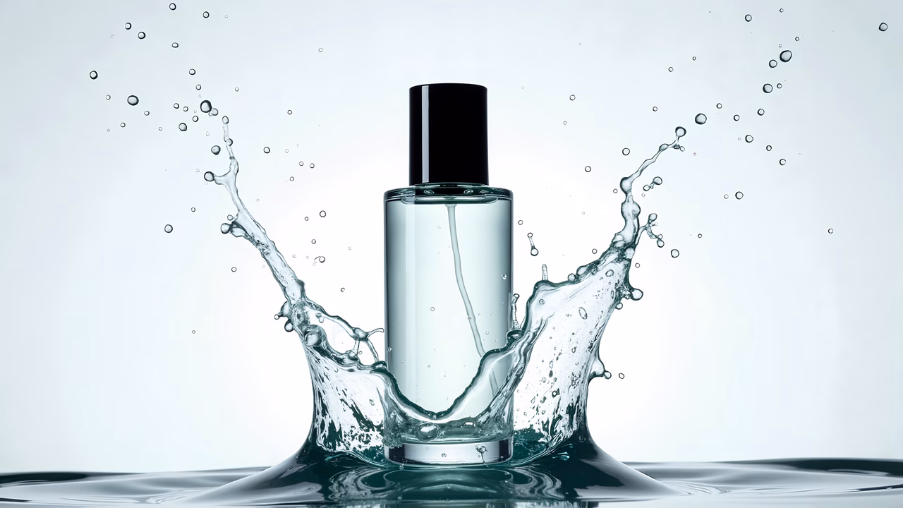 Sleek bottle surrounded by a refreshing water splash, emphasizing purity and freshness.