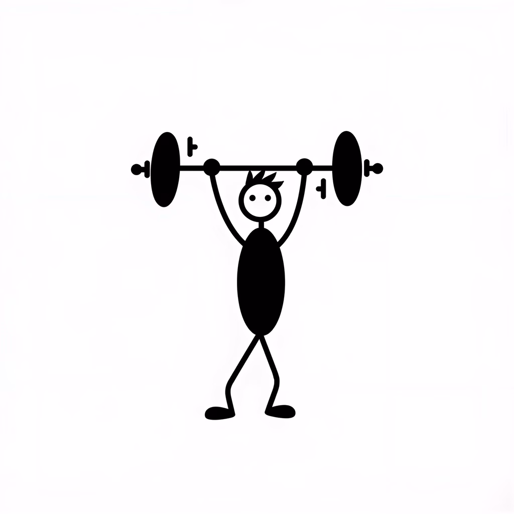 Minimalist black-and-white illustration of a stick figure lifting a barbell overhead.