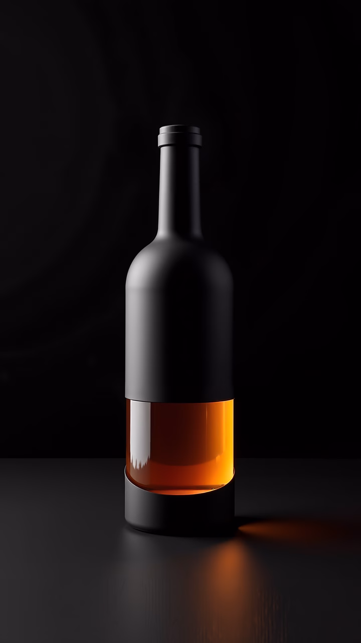Modern whiskey bottle with glowing amber liquid on a dark background.