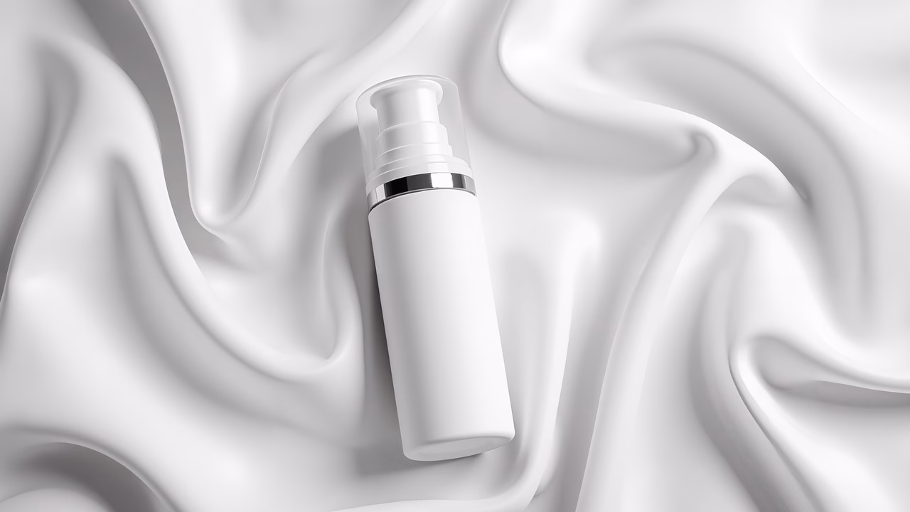 Minimalist white bottle on luxurious silk fabric, elegant and serene.