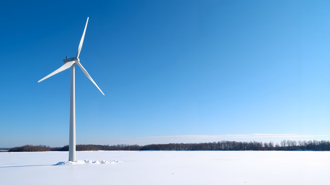 A solitary wind turbine amidst a snowy landscape under a clear blue sky.