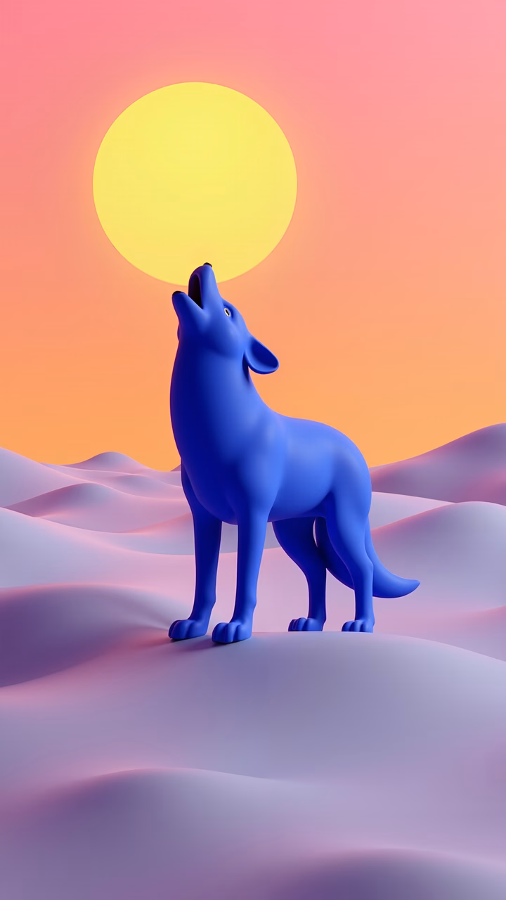 A blue wolf howling at a glowing sun in a surreal landscape.