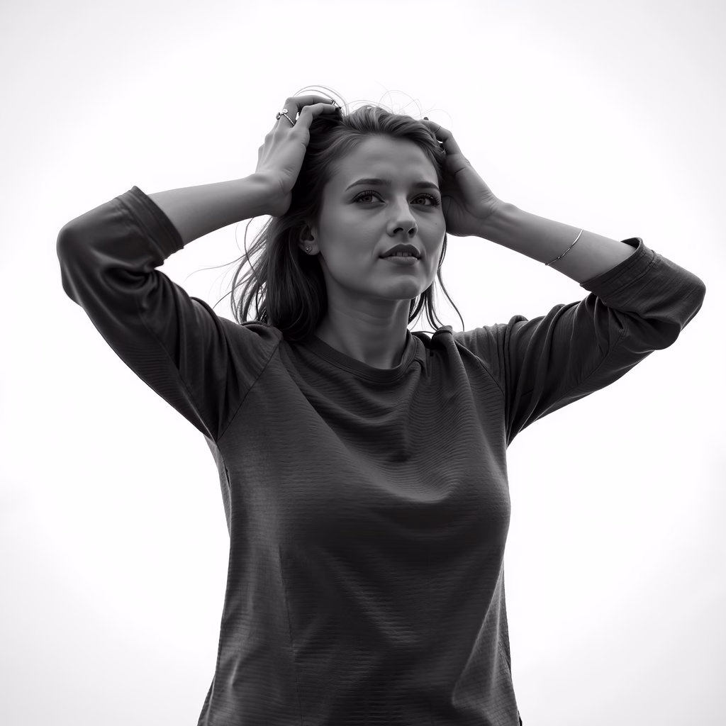 Black-and-white portrait of a woman adjusting her hair, evoking a sense of introspection.