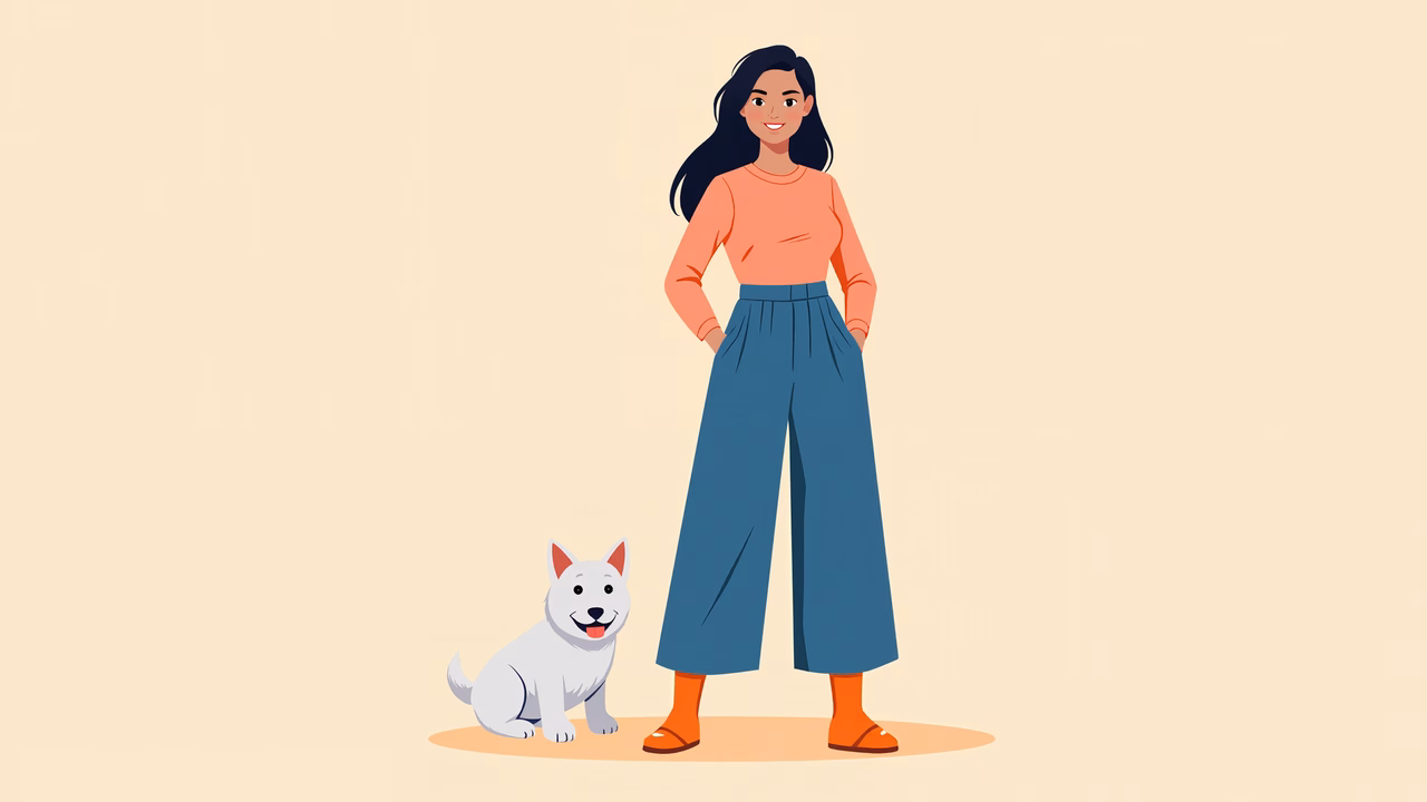 A stylish woman and her cheerful dog in a cozy setting.