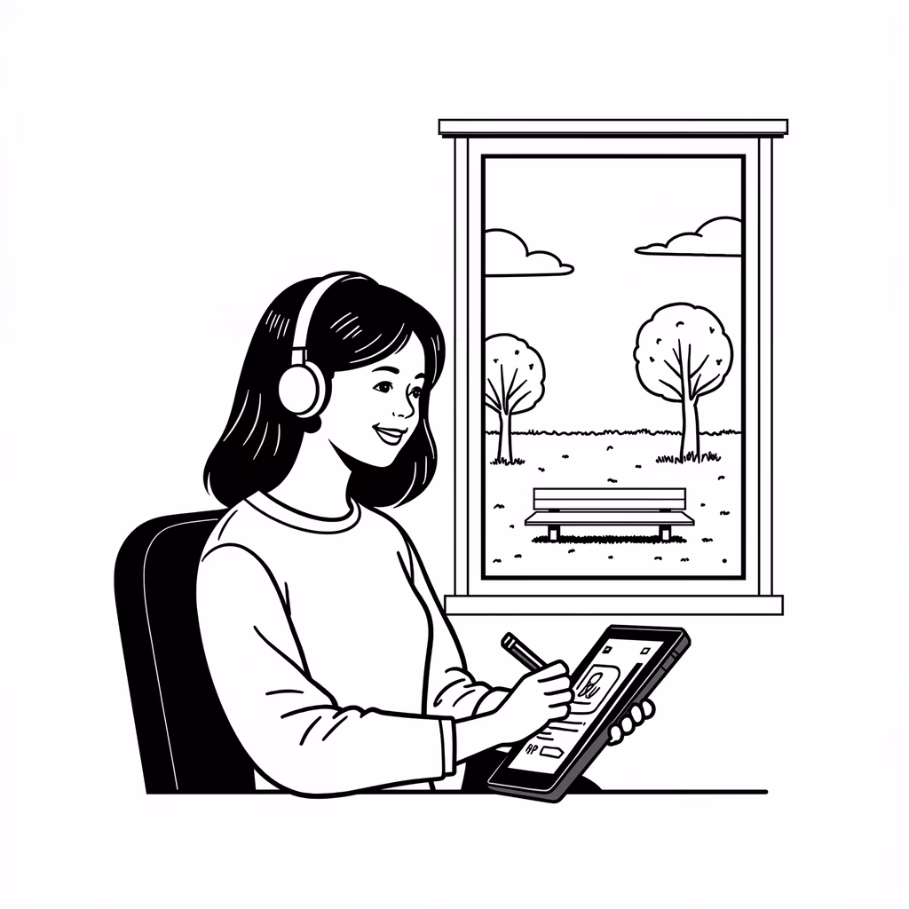 A woman drawing digital art in a peaceful setting, wearing headphones and surrounded by nature.