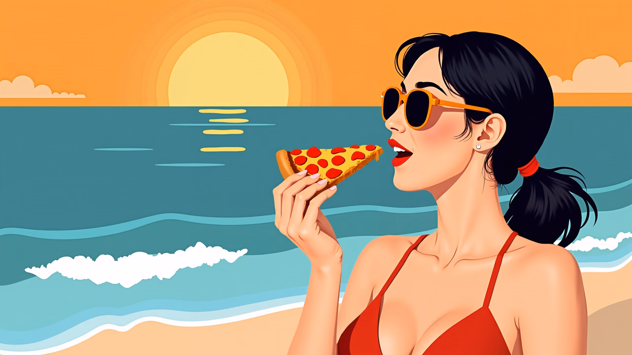 Woman in bikini eating pizza at sunset beach.