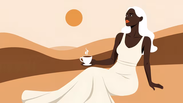 Woman in White Dress Drinking Coffee
