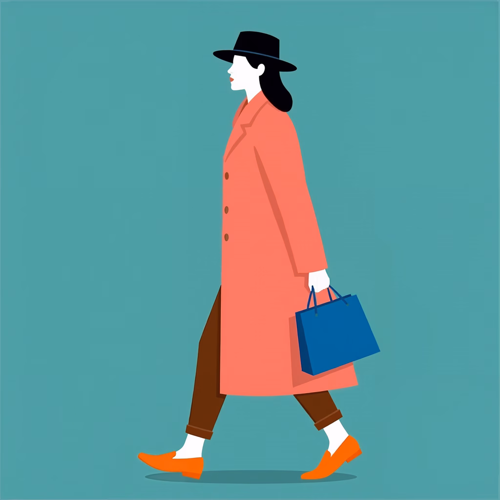 Stylish woman with shopping bag, bold colors, modern fashion illustration.