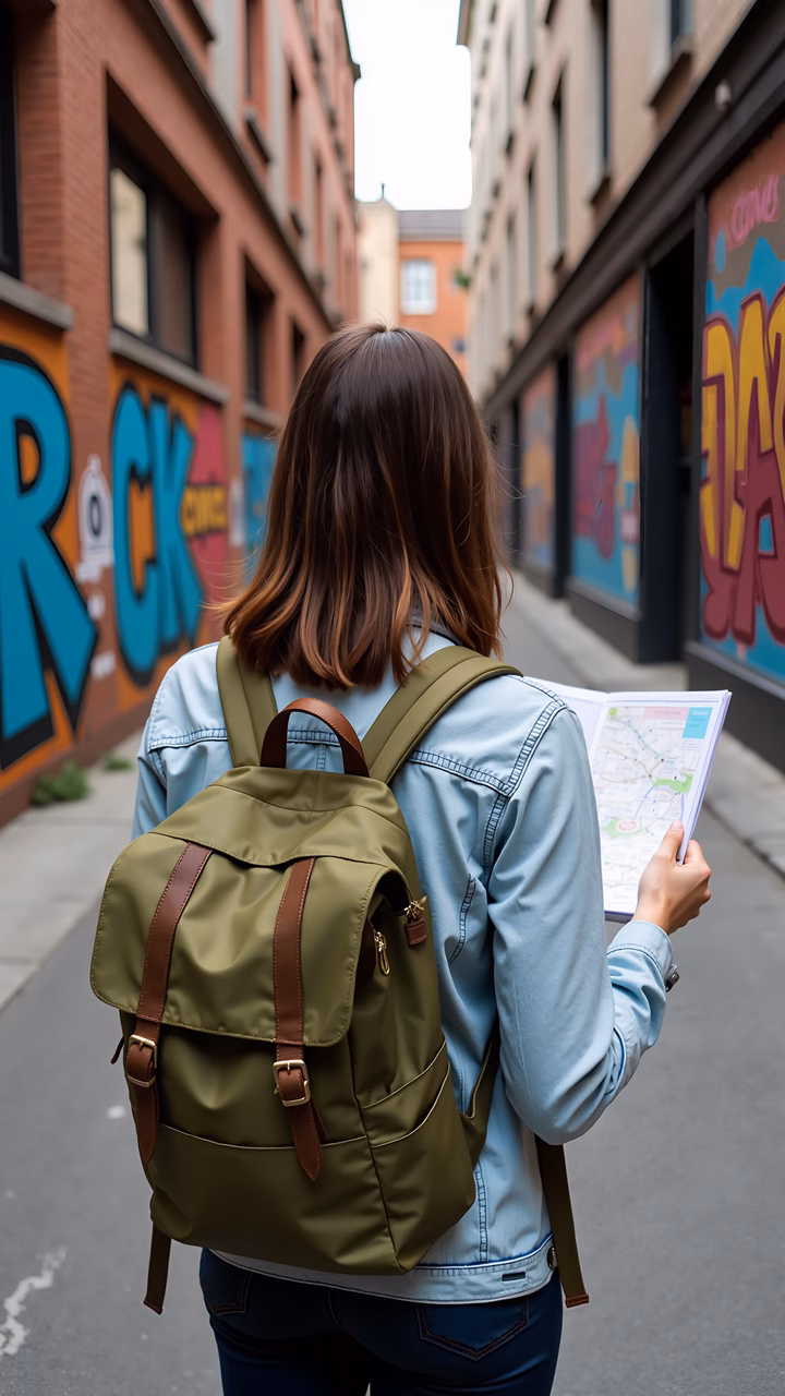 Woman exploring with map and backpack, vibrant urban setting.