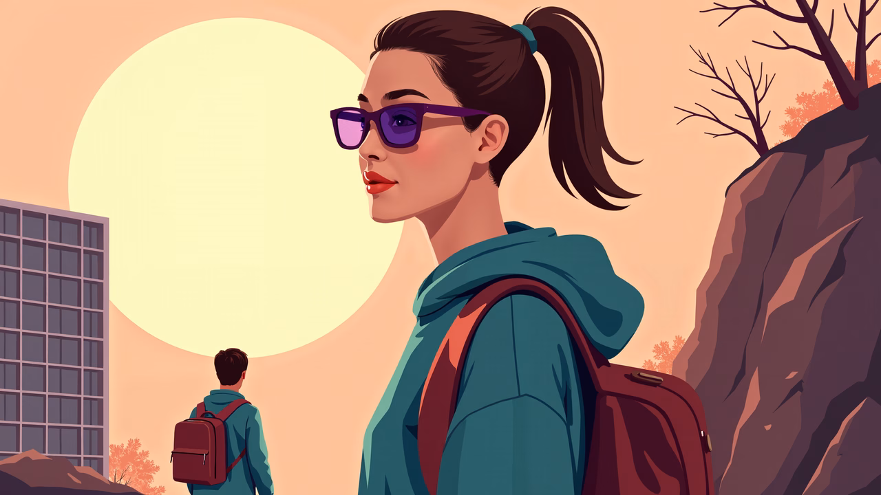 Vibrant illustration of a woman with a backpack, set against a sunny backdrop.