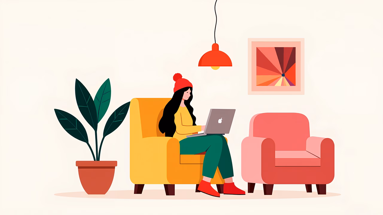 Woman working in a cozy, well-lit room with a warm and productive vibe.
