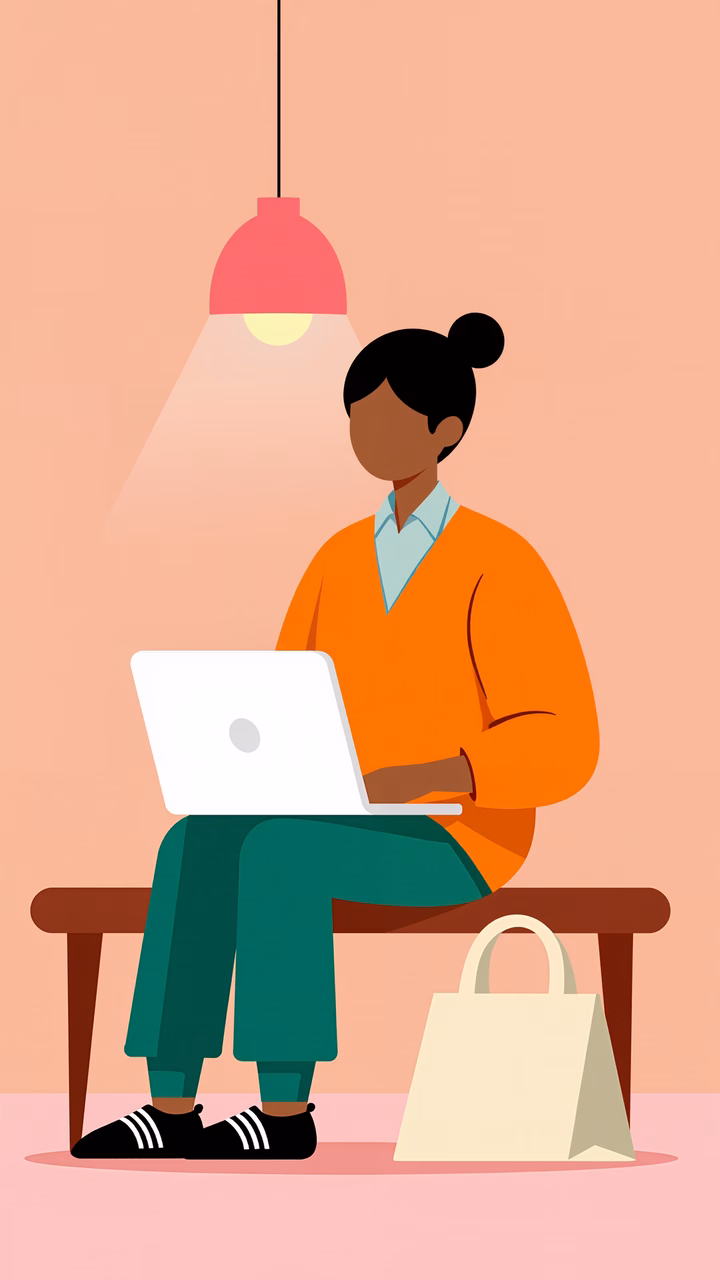 Minimalist illustration of a woman working in a cozy setting.