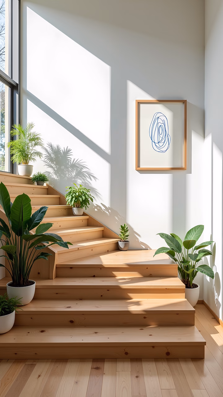 A peaceful wooden staircase illuminated by natural light, featuring plants and contemporary art.
