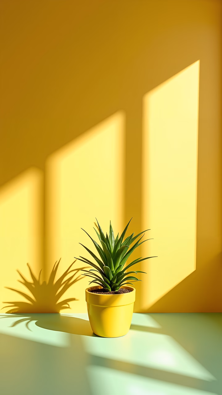 A serene yellow succulent plant casting long shadows in a minimalist interior setting.