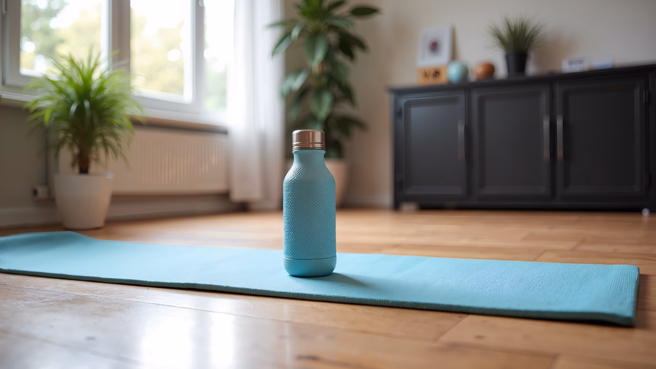 A yoga mat and water bottle in a peaceful indoor setting.