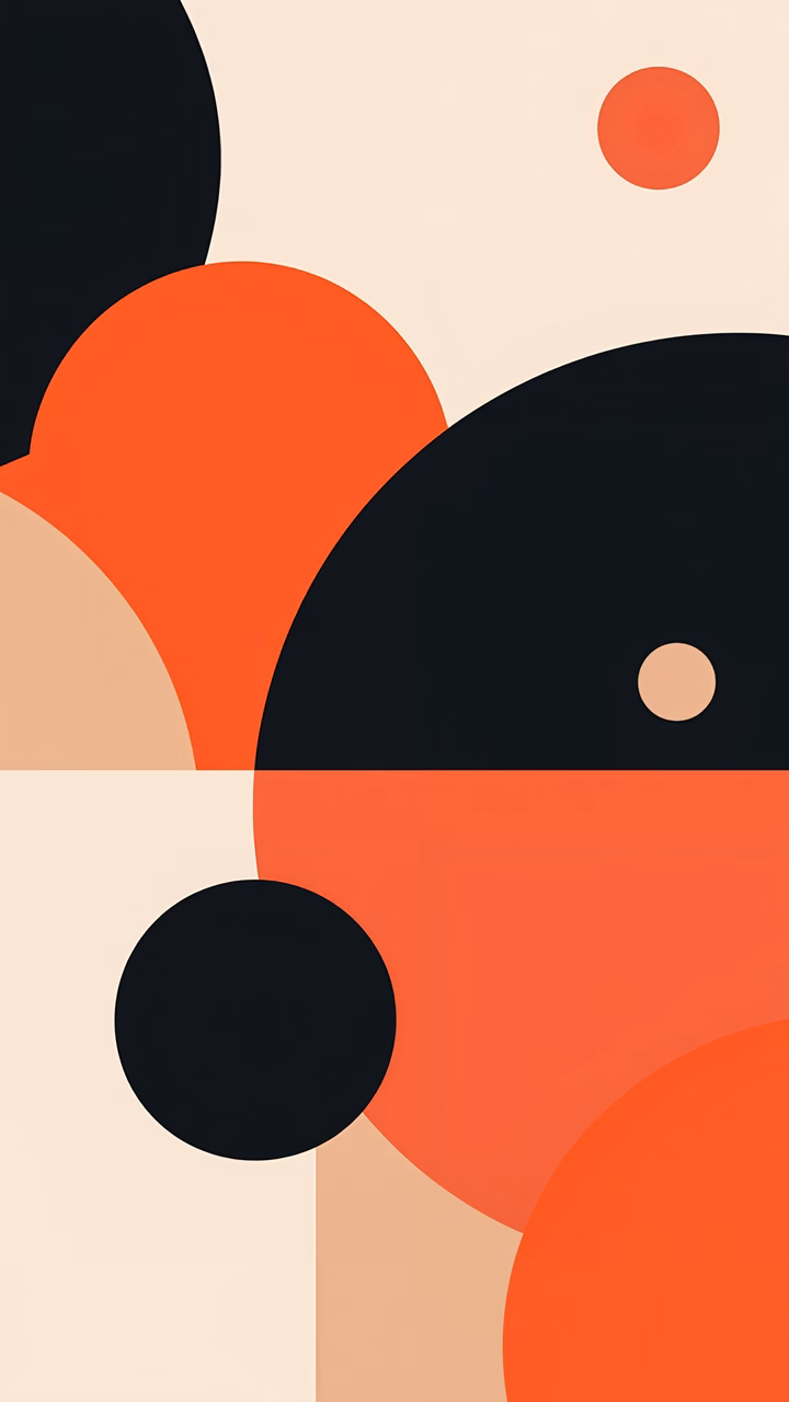 Bold abstract circles in black, orange, and beige create a modern, minimalist design.