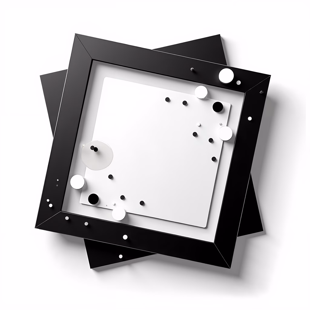 Minimalist abstract illustration with black triangles and white circles on a white background.