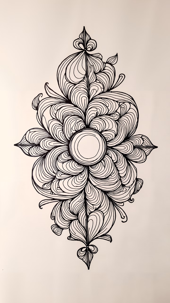 Detailed black-and-white floral illustration with intricate line work and elegant design.