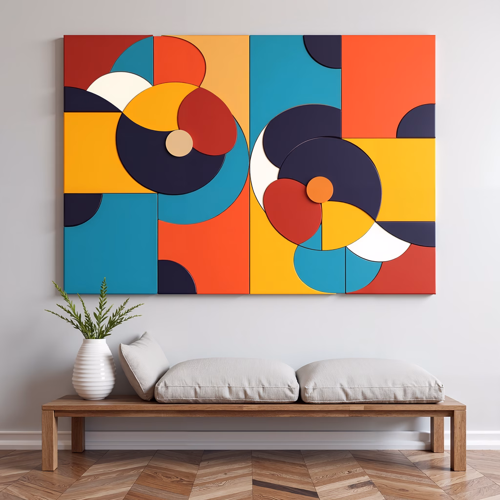 Bold geometric shapes in vibrant colors create a dynamic and modern abstract artwork.