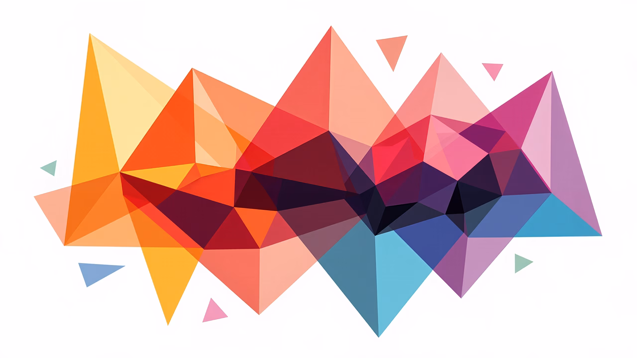 Vibrant geometric shapes in warm and cool tones create a dynamic and energetic illustration.