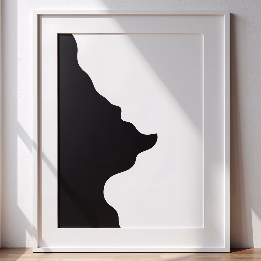 Bold black silhouette on white background, minimalist art, abstract design