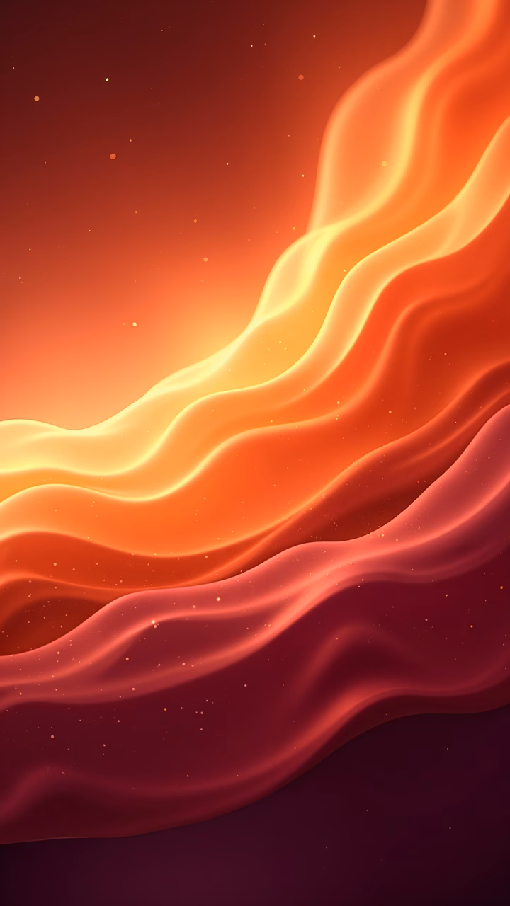 Abstract waves in warm tones, fluid motion, whimsical specks, dynamic energy.
