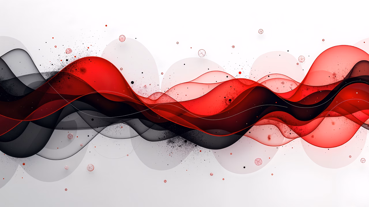 Dynamic abstract waves in red and black on a white background.