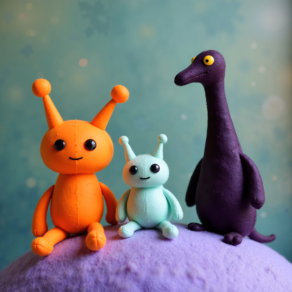 Cute alien friends and a purple dinosaur in a magical setting.