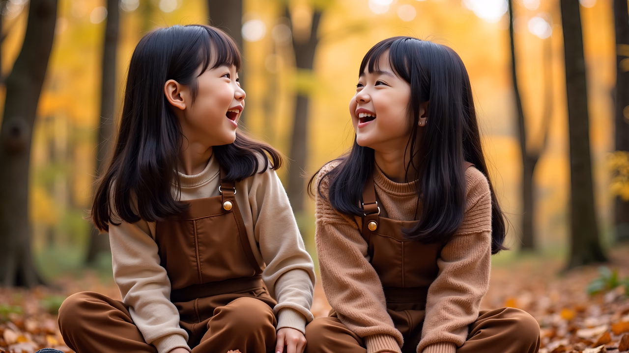 Two girls laughing in a colorful autumn forest
