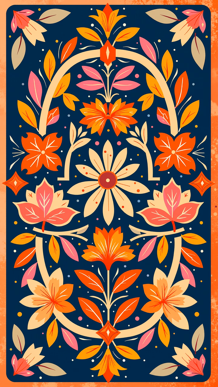 Vibrant autumnal floral illustration with warm colors on a deep blue background.