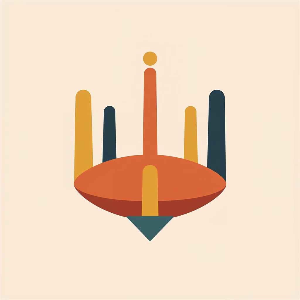 Abstract illustration of a spinning top balancing on vertical supports against a beige backdrop.