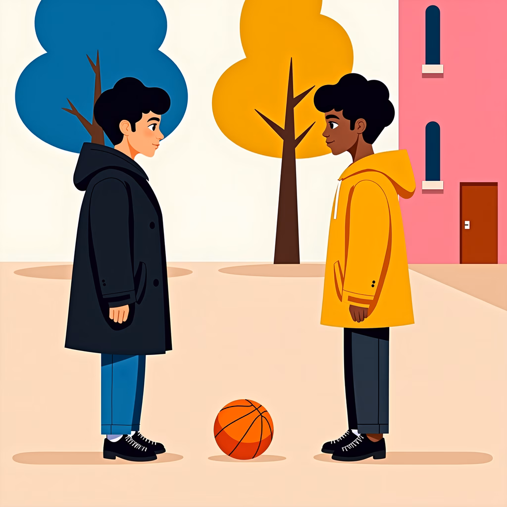 Two friends on a basketball court, ready to play!