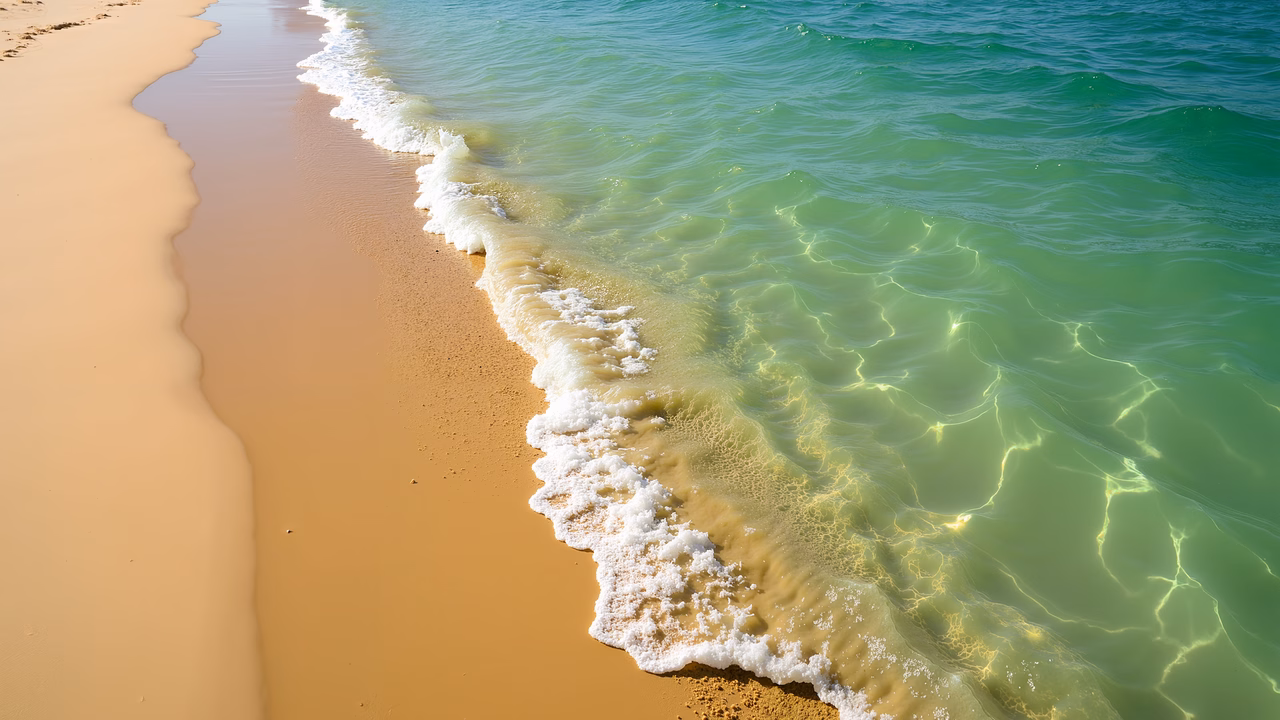 Golden sand meets turquoise waves in a peaceful coastal scene.