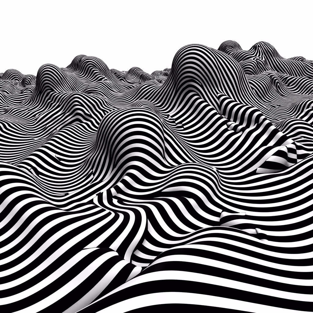 Abstract black and white striped waves create a captivating optical illusion.