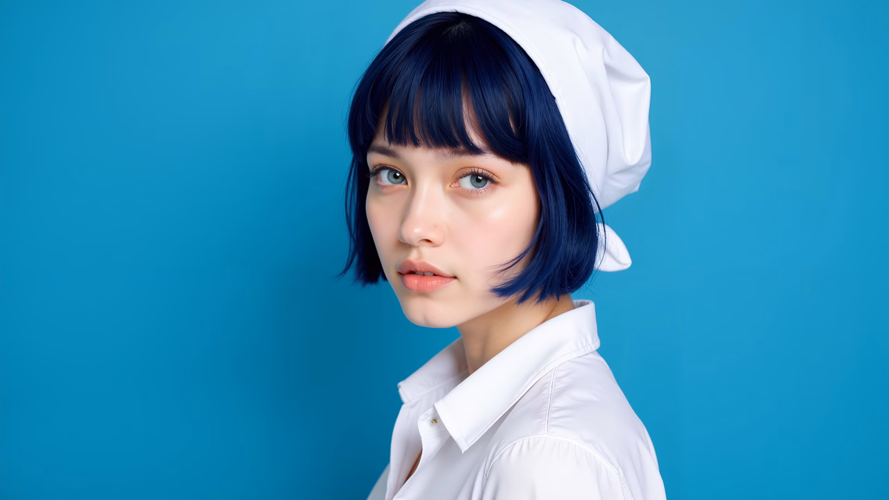 Vibrant blue-haired chef in stylish portrait against turquoise background.