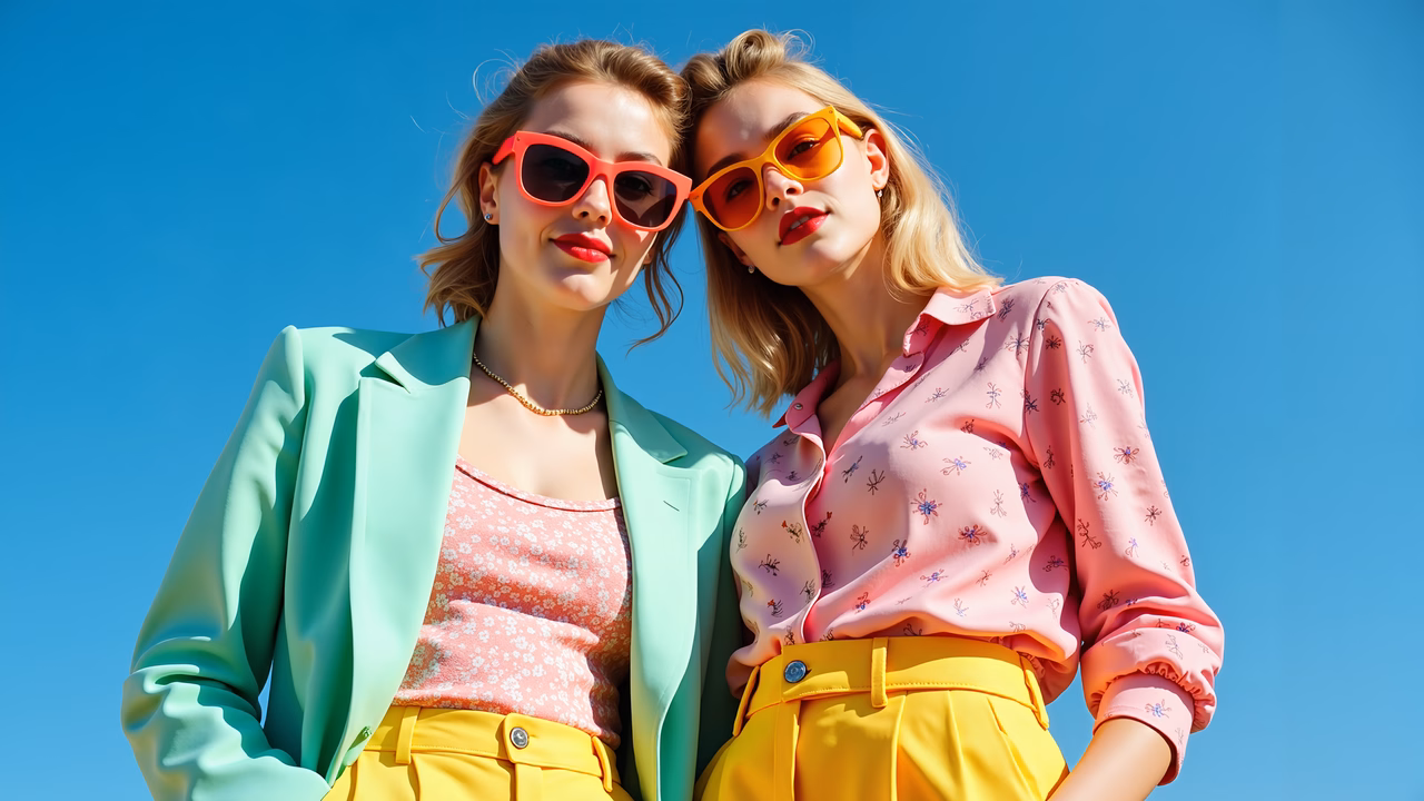 Brightly colored fashion illustration of two women posing against a blue sky.
