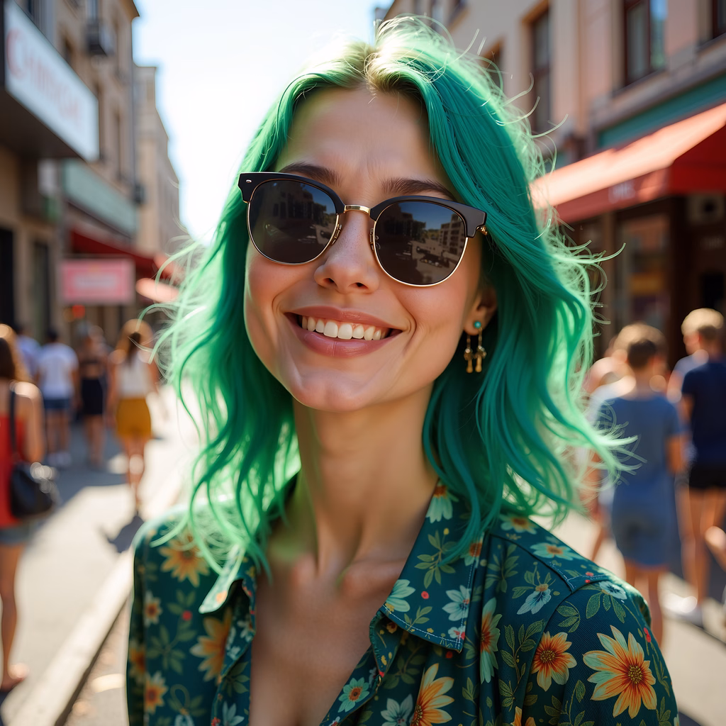 Bright green hair, stylish sunglasses, floral shirt, sunny street portrait