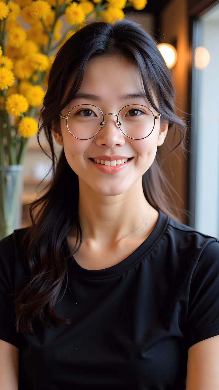 Warm smile captured in a natural portrait setting with bright yellow flowers in the background.