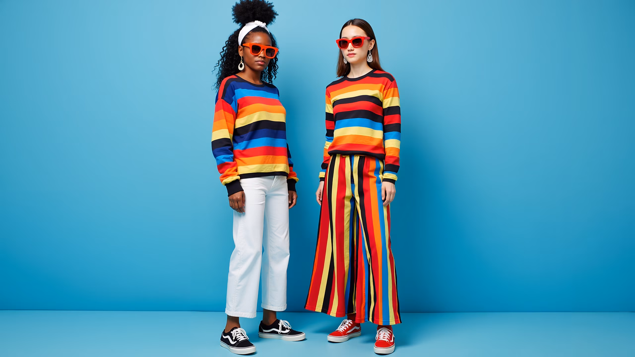 Fashion illustration featuring colorful striped outfits and red sunglasses against a blue backdrop.